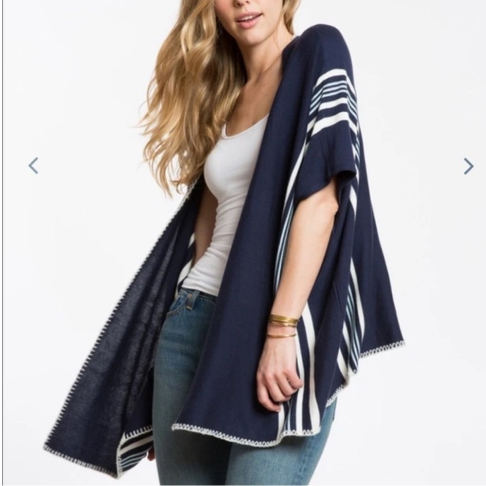 Marine Layer Cameron Poncho Knit Short Sleeves Navy Blue White Stripe One Size